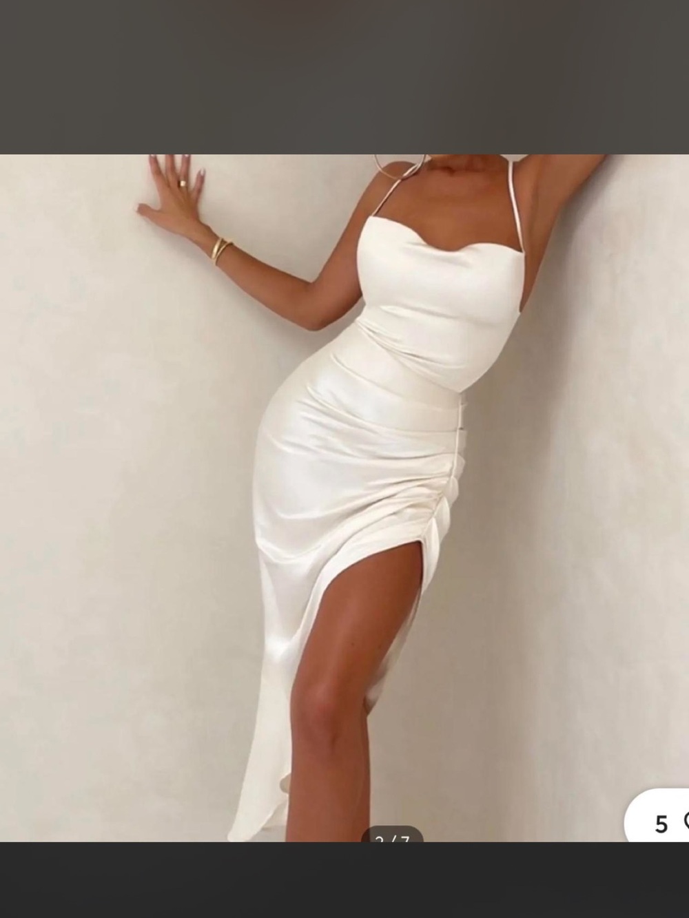 One-Shoulder Ivory Satin Midi Dress with Side Slit